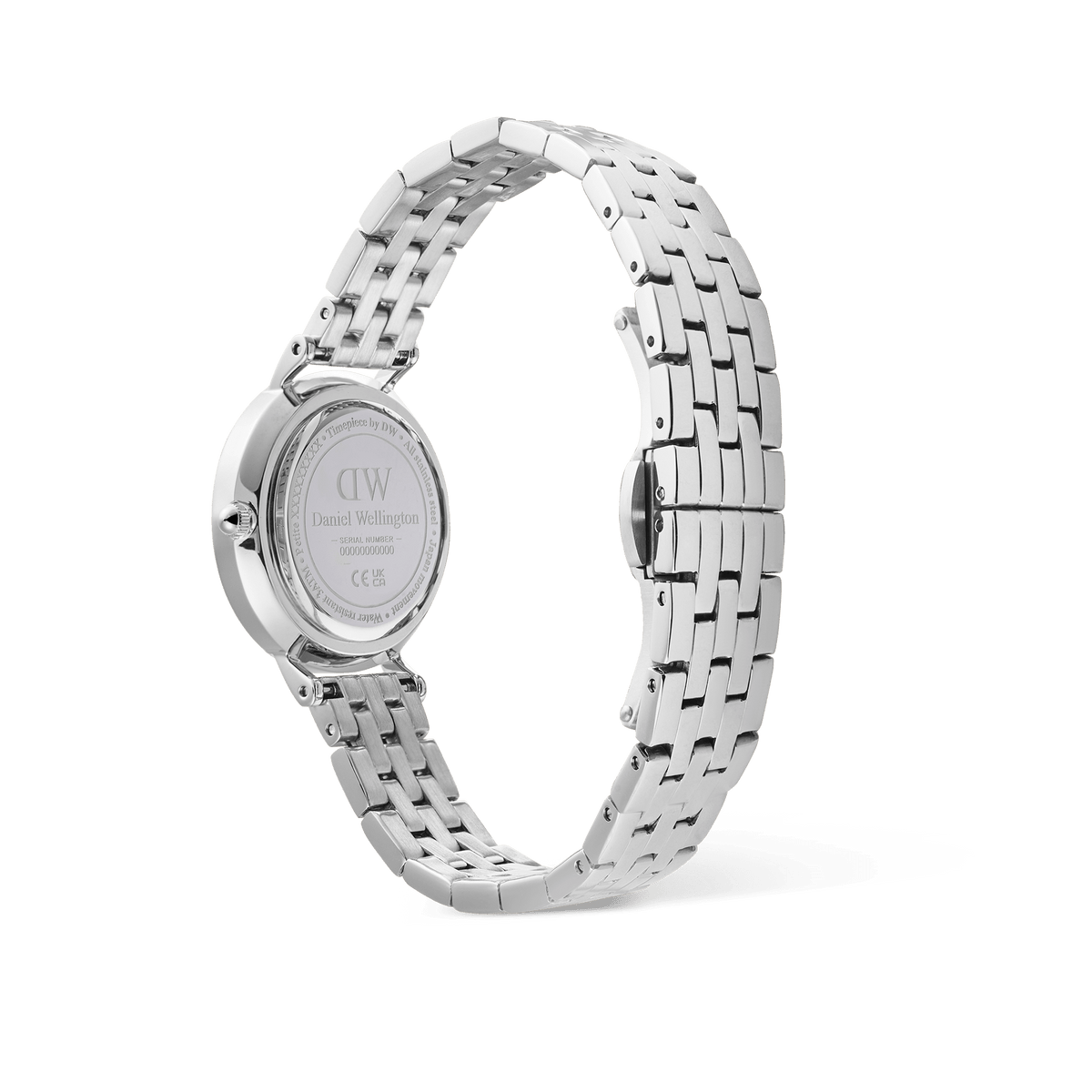 Rear view of the Petite Roman Numerals Date 5-link Silver watch, showing the engraved stainless steel case back and the polished 5-link silver bracelet with butterfly clasp.