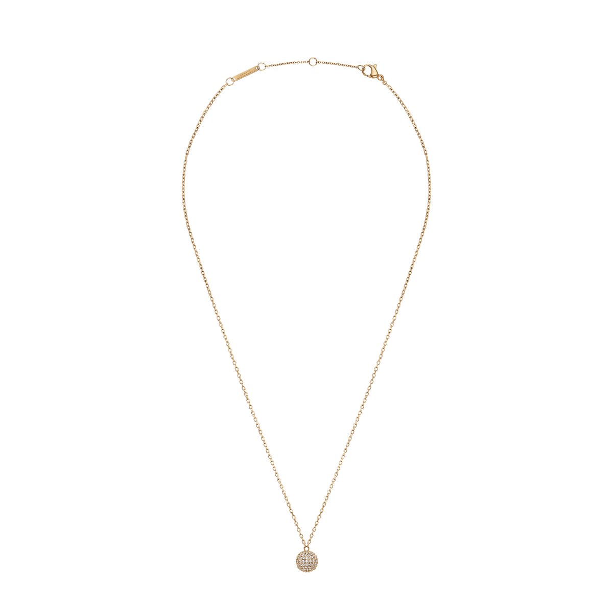 Gold Pavé Crystal Pendant Necklace featuring a delicate gold chain and a sphere-shaped pendant set with sparkling cubic zirconia crystals, shown against a plain background.