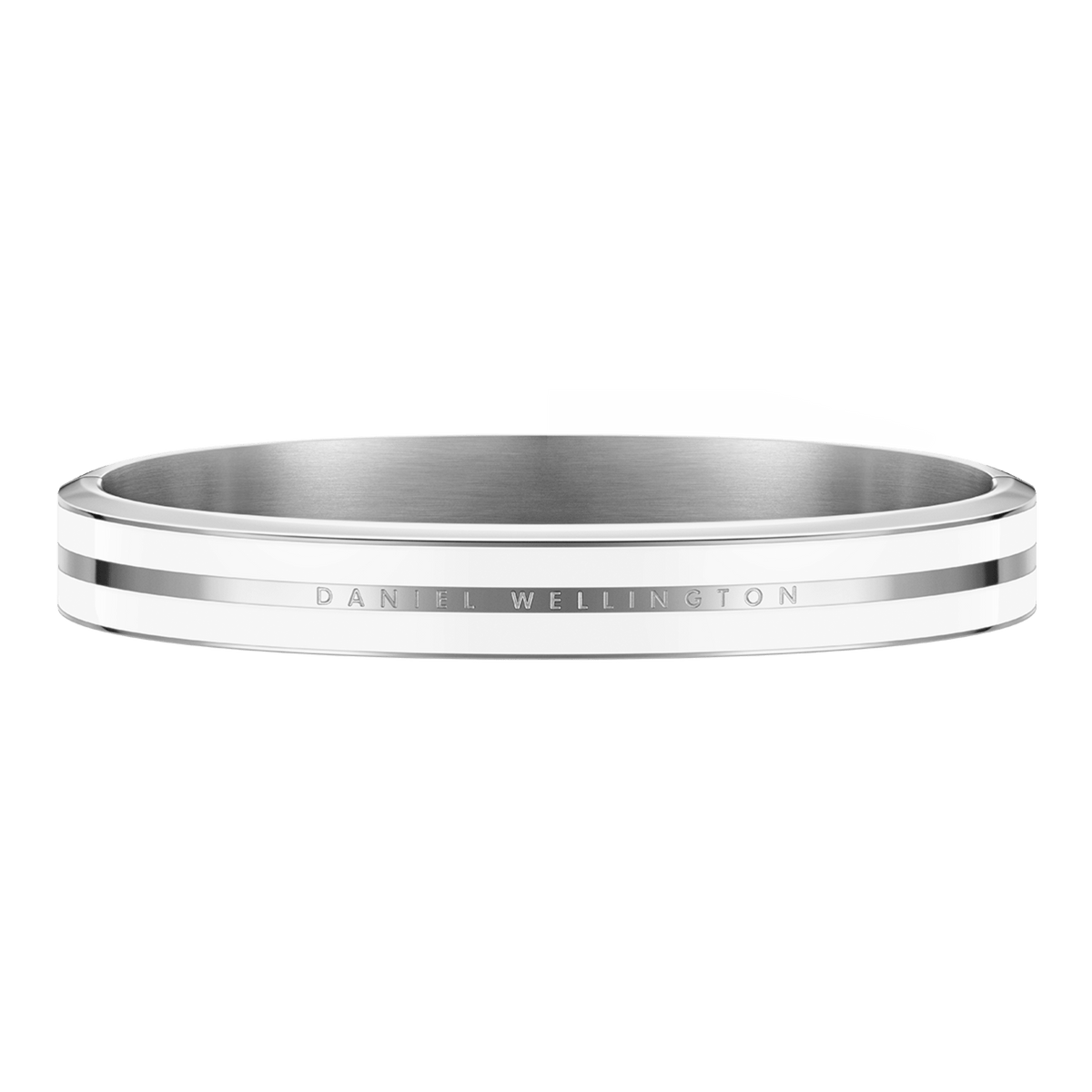 Contemporary Emalie Infinite Silver Satin White bracelet crafted from stainless steel, featuring a smooth silver band with satin white enamel and Daniel Wellington logo, ideal for everyday or formal wear.