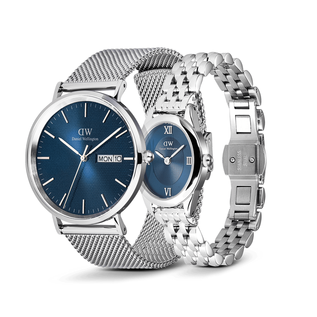 Classic Day & Ophelia Mini Arctic Silver Set featuring a men’s watch with a textured blue dial, day display, and silver mesh strap, paired with an elegant oval women’s watch with a blue dial, Roman numerals, and a polished silver link bracelet.