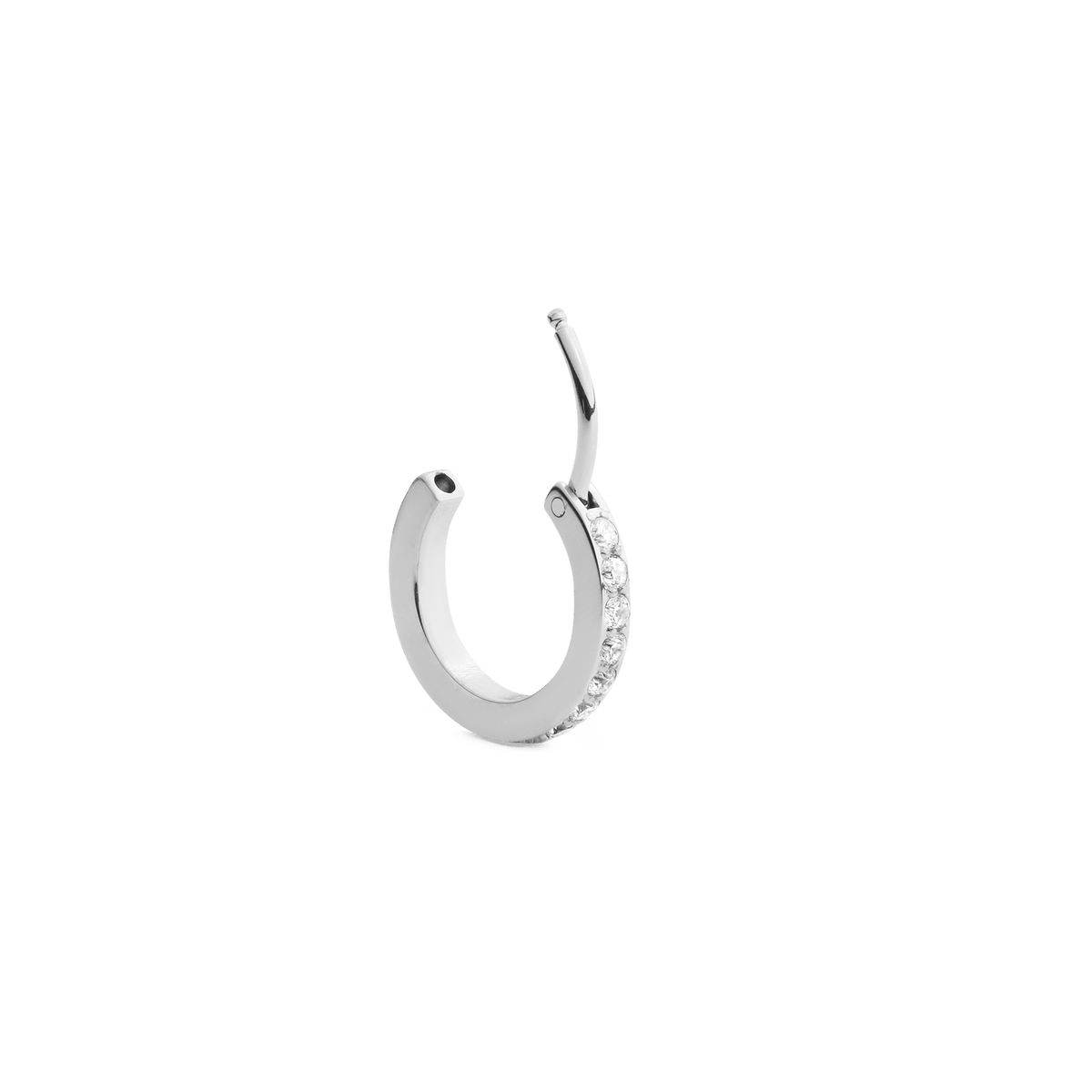 Crystal Hoop Earring Silver with an open clasp, featuring a row of cubic zirconia crystals set in stainless steel for a modern, minimalist look.