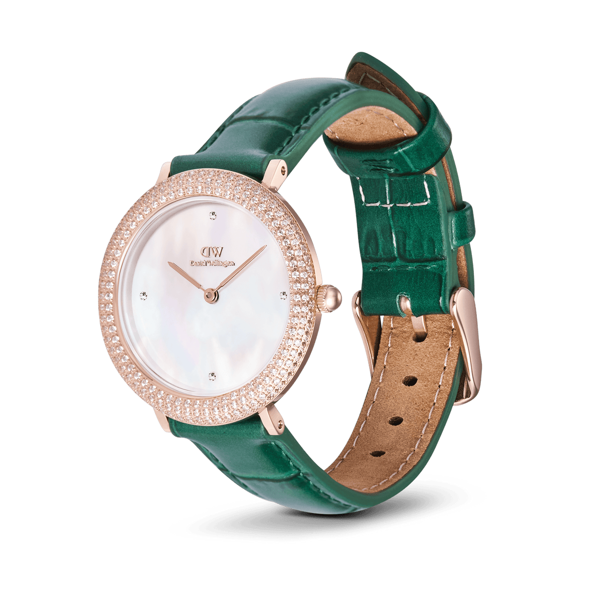 Crystalline Bezel Green Croc Rose Gold ladies watch with a rose gold-plated case, crystal-set bezel, white mother of pearl dial, and an emerald green crocodile-embossed leather strap.