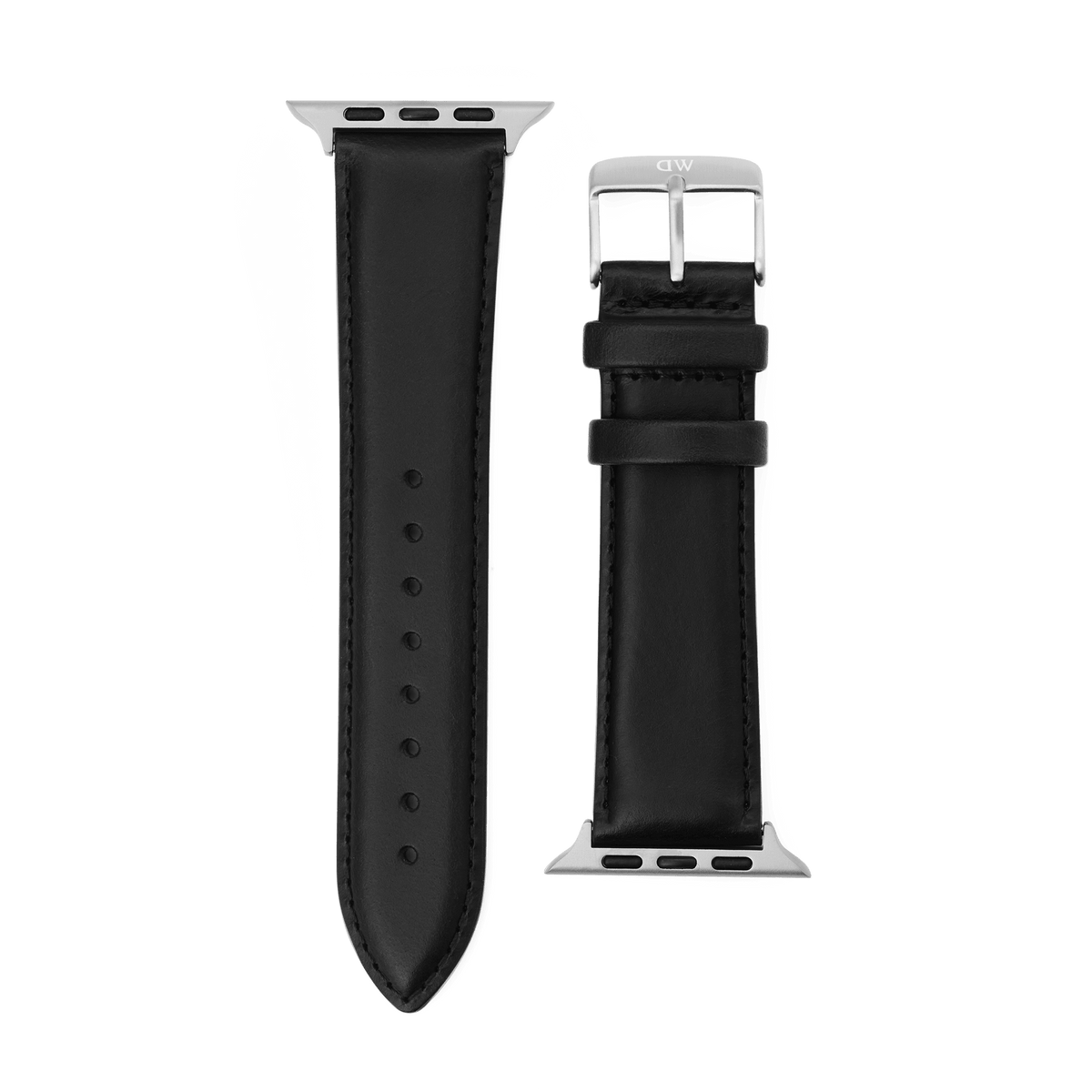 Smartwatch Leather Strap Sheffield Silver for Apple Watch Ultra, featuring smooth black Sheffield leather, subtle stitching, and a polished silver pin buckle with stainless steel hardware, shown with both strap sections and connector fittings.