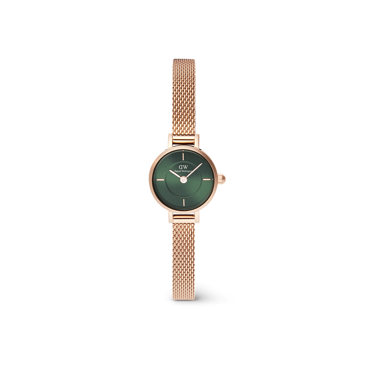 Petite Mini Emerald Melrose watch featuring a 19mm rose gold case, emerald green sunray dial with inner ring detail, and a slim rose gold mesh strap.
