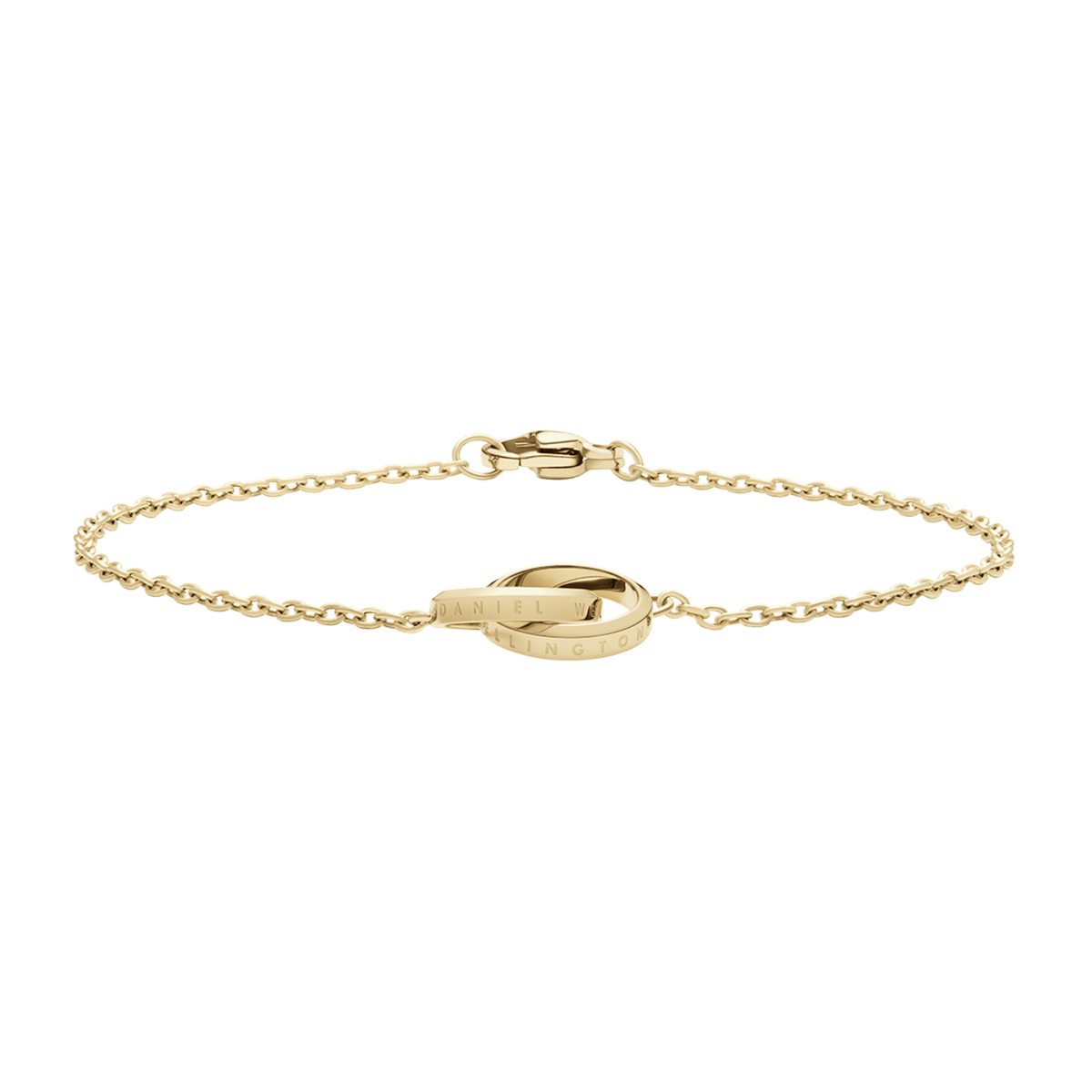 Elegant Elan Unity Bracelet in gold, featuring a slim chain and two polished interlocking rings with engraved accents, designed for a comfortable and adjustable fit.