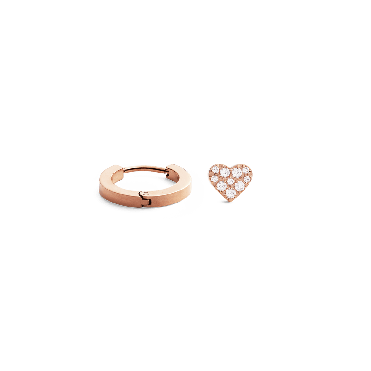 Rose gold hoop earring and crystal heart stud from the Hoop + Crystal Heart Stud Rose Gold Set, featuring a smooth finish and sparkling clear crystals for a modern, versatile look.