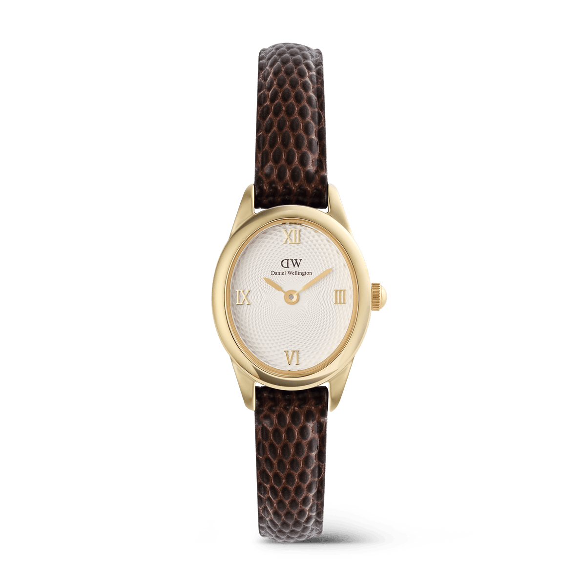 Ophelia Mini Dark Brown Lizard White Guilloché Gold watch featuring a petite oval gold case, white guilloché dial with gold Roman numerals, and a slim dark brown lizard-embossed leather strap.