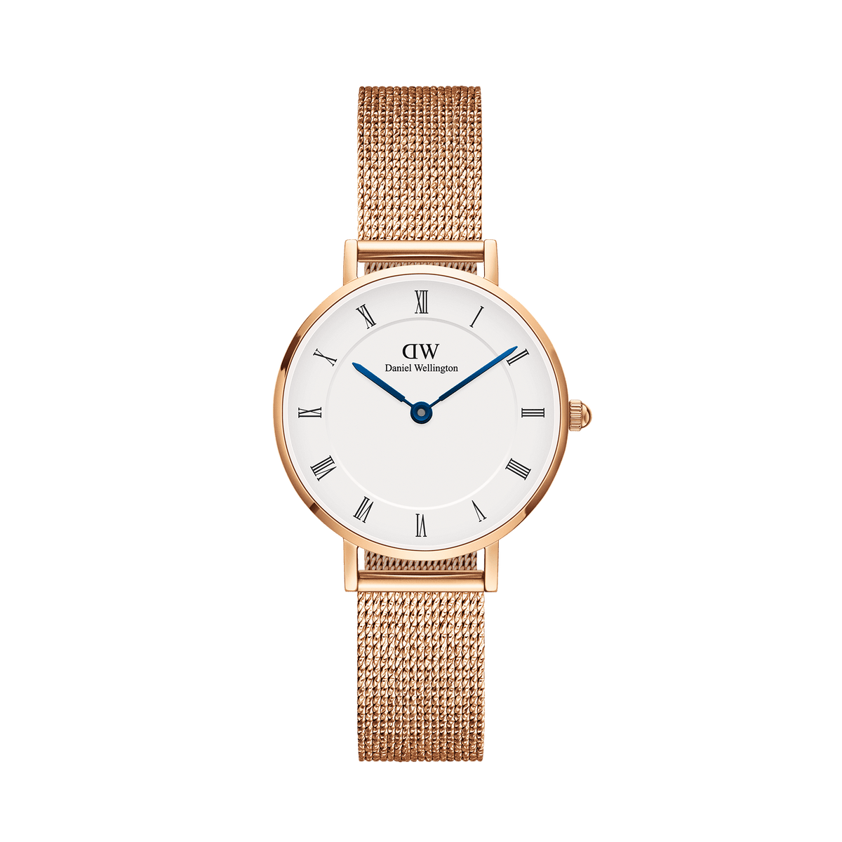 Rose gold ladies watch with a slim mesh strap, white Roman numeral dial, and blue steel hands, featuring the Petite Roman Numerals Melrose design from Daniel Wellington.