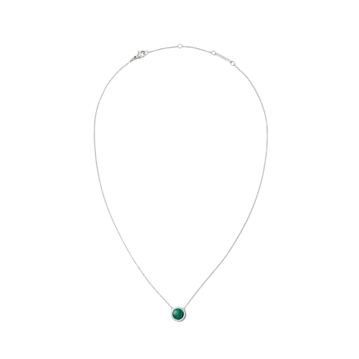 Silver Audrey Necklace Malachite features a delicate chain with a domed green malachite pendant framed by white cubic zirconia, offering a modern yet timeless look suitable for everyday wear or special occasions.