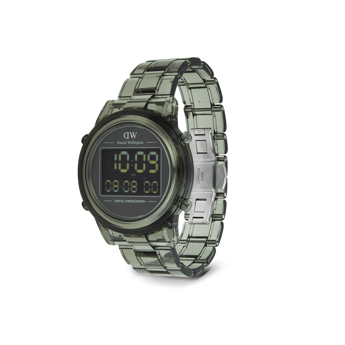 Retro Digital Dark Green watch with a transparent dark green link bracelet, round black digital dial, and LED display, featuring chronograph and dual time functions.