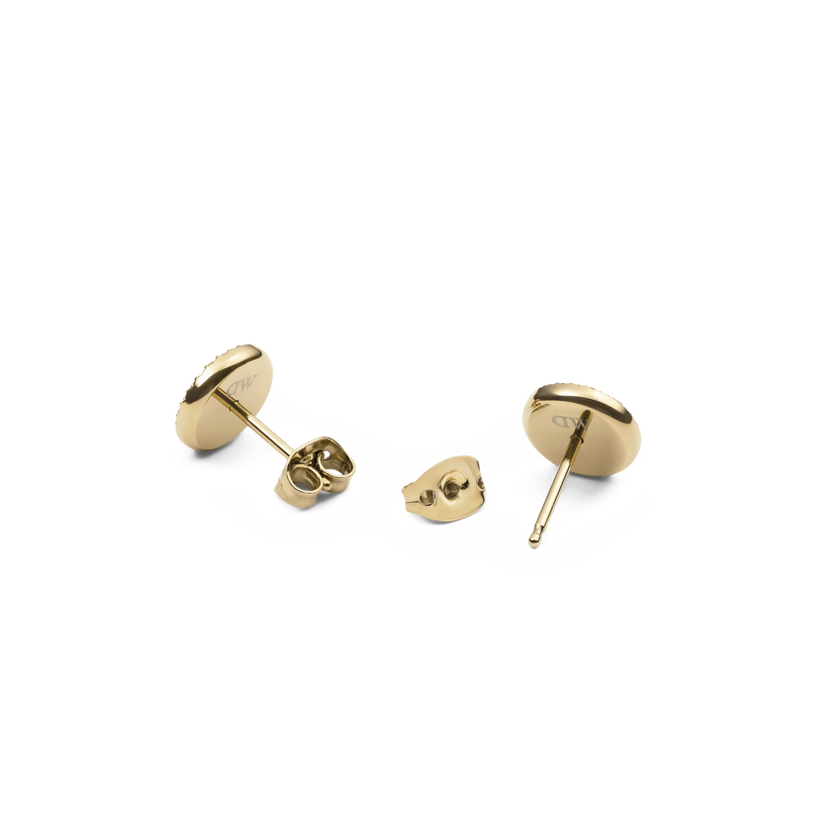 The backs of Daniel Wellington Audrey Earrings Tiger Eye Gold, showing the polished gold finish, secure stud posts, and butterfly clasps designed for comfortable daily wear.