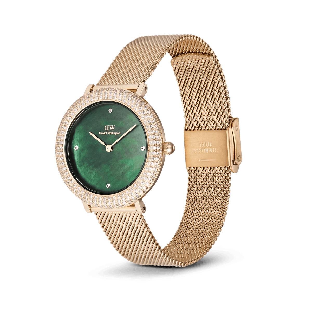 Crystalline Bezel Evergold Green ladies gold watch with a green mother of pearl dial, crystal-set bezel, and an adjustable gold mesh strap, designed for a refined and versatile style.