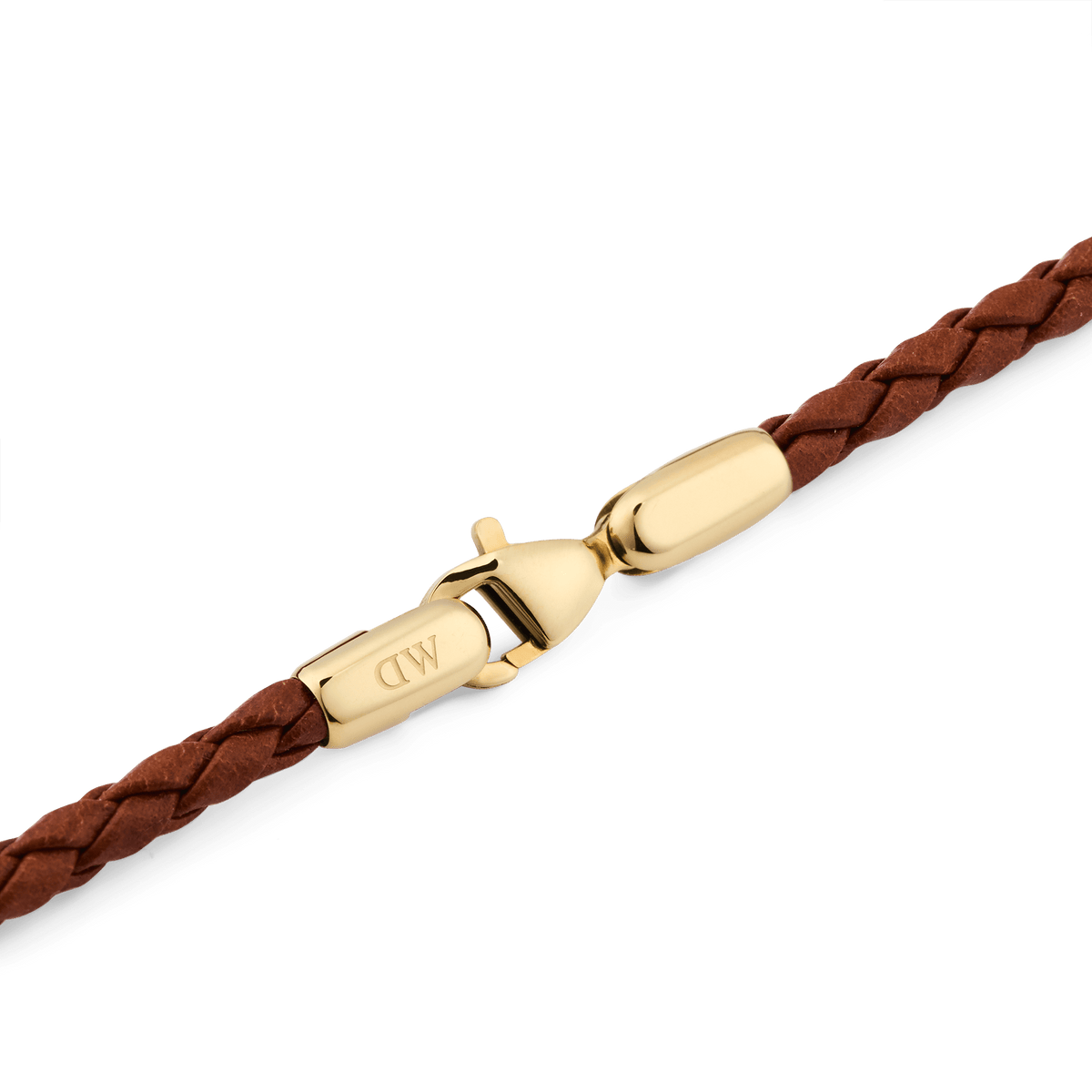 Detail of the Daniel Braided Leather Bracelet St Mawes 2.8 Gold, highlighting the gold-tone stainless steel lobster clasp and the slim, braided brown leather.