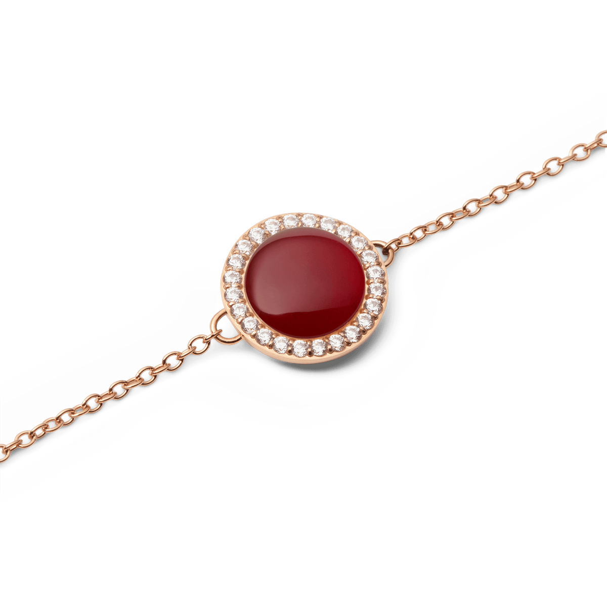 Close-up of the Audrey Bracelet Red Agathe Rose Gold, showing the domed red agate centrepiece surrounded by a halo of sparkling white cubic zirconia crystals on a delicate rose gold chain.