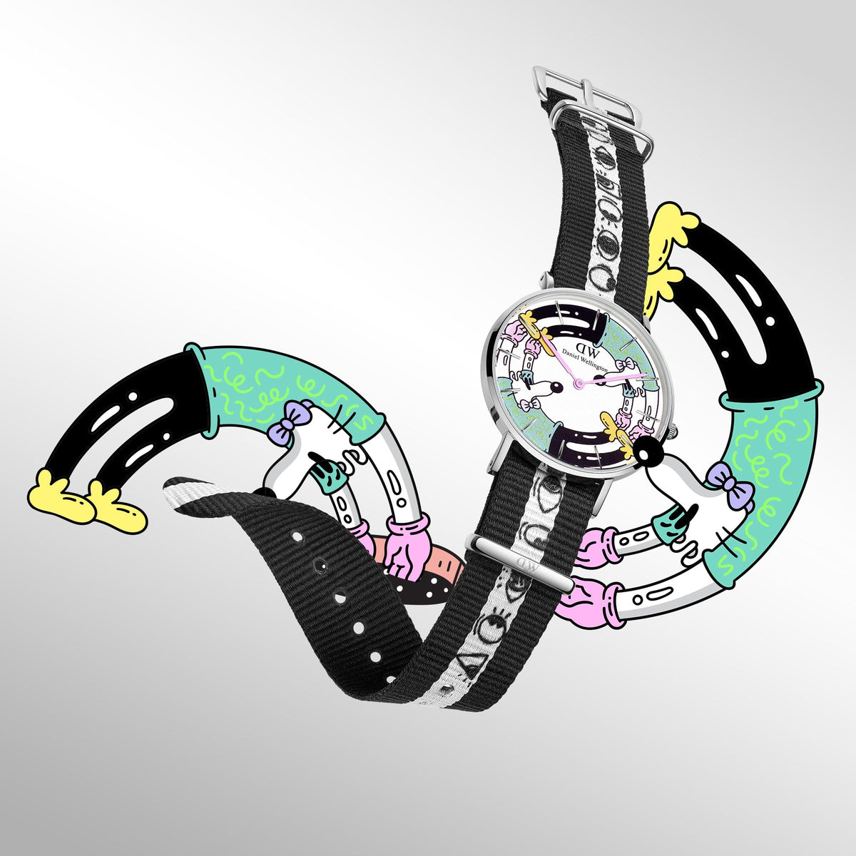 Steven Harrington x Daniel Wellington watch with a multicolour printed dial and black and white illustrated NATO strap, showcased with playful cartoon artwork reflecting the collaboration’s creative style.