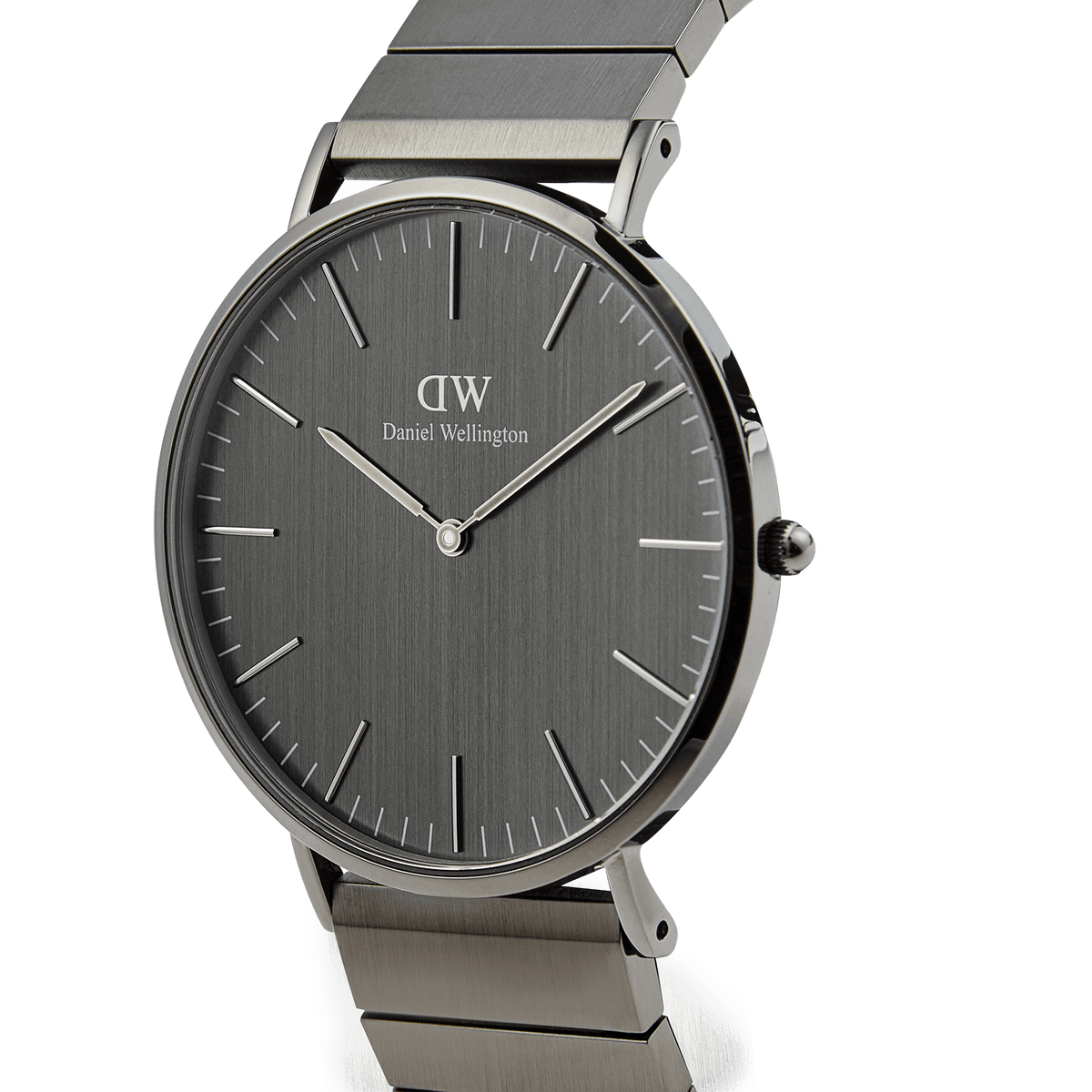 Classic Piano Link Graphite Unitone men's watch with a brushed graphite dial, slim stainless steel case, and a geometric piano link bracelet in a matte graphite finish.