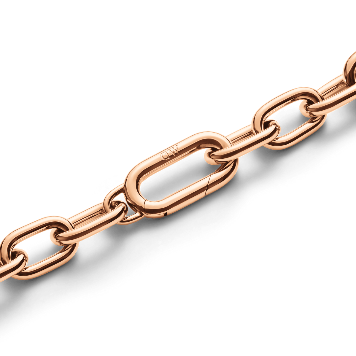 Detail of the Crystal Link Bracelet Rose Gold showing the polished rose gold chain links and secure spring gate clasp, crafted for durability and a seamless finish.