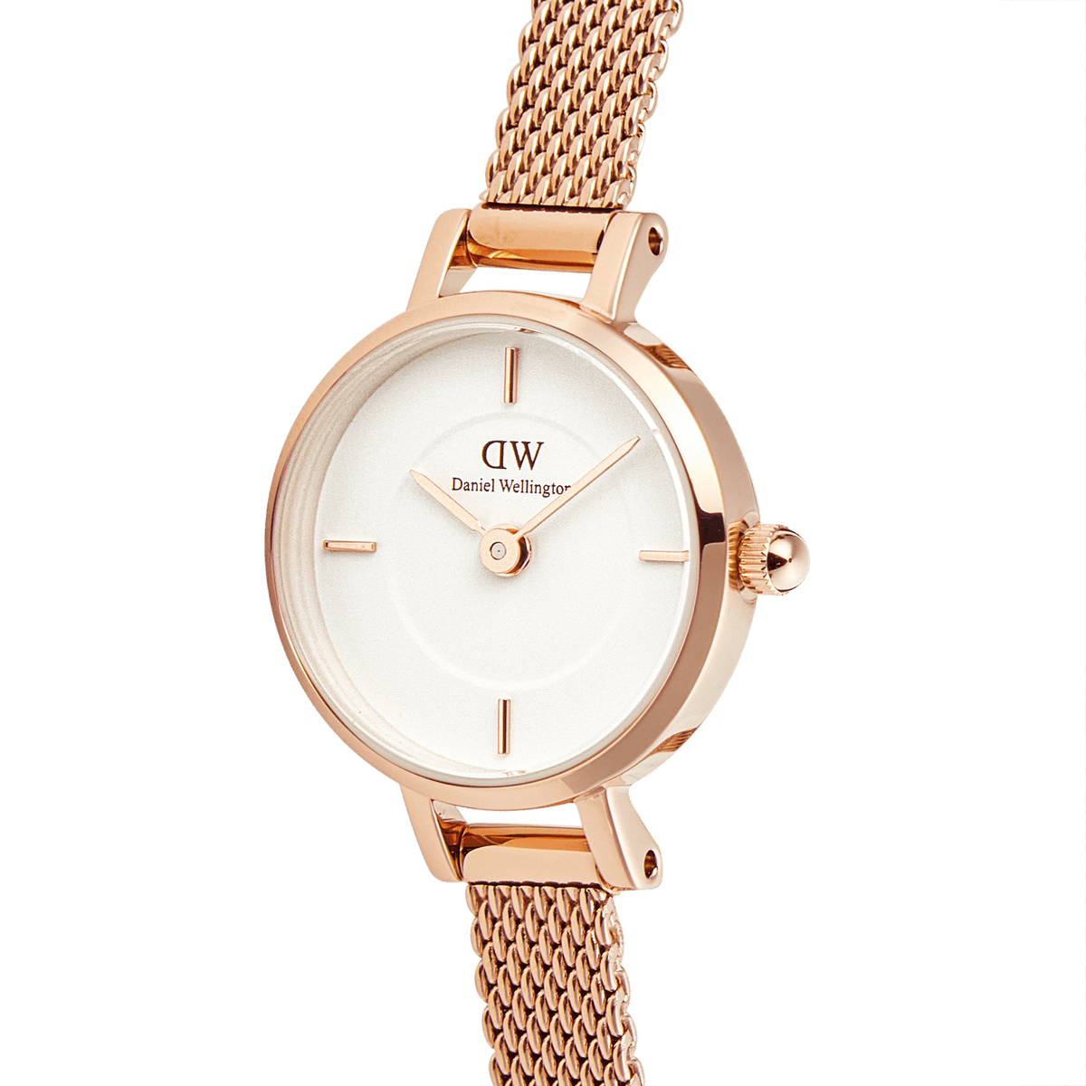 Petite Mini Melrose ladies watch with a 19mm round white dial and a rose gold mesh strap, featuring minimalist hour markers and a slim, elegant design suitable for everyday wear.