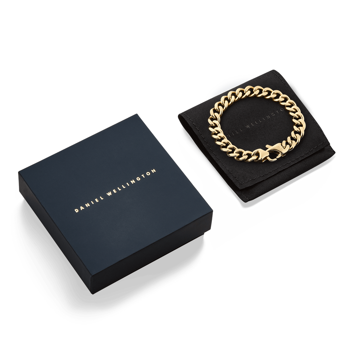 Ellipse Cuban Chain Bracelet Gold displayed on a black pouch next to a Daniel Wellington gift box, highlighting its polished gold links and premium presentation for gifting.