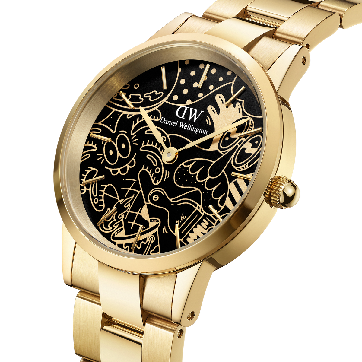 Steven Harrington x Daniel Wellington Iconic Link Dual Tone gold watch with a black dial featuring intricate gold linework, classic 3-link gold bracelet, and contemporary artistic detailing.