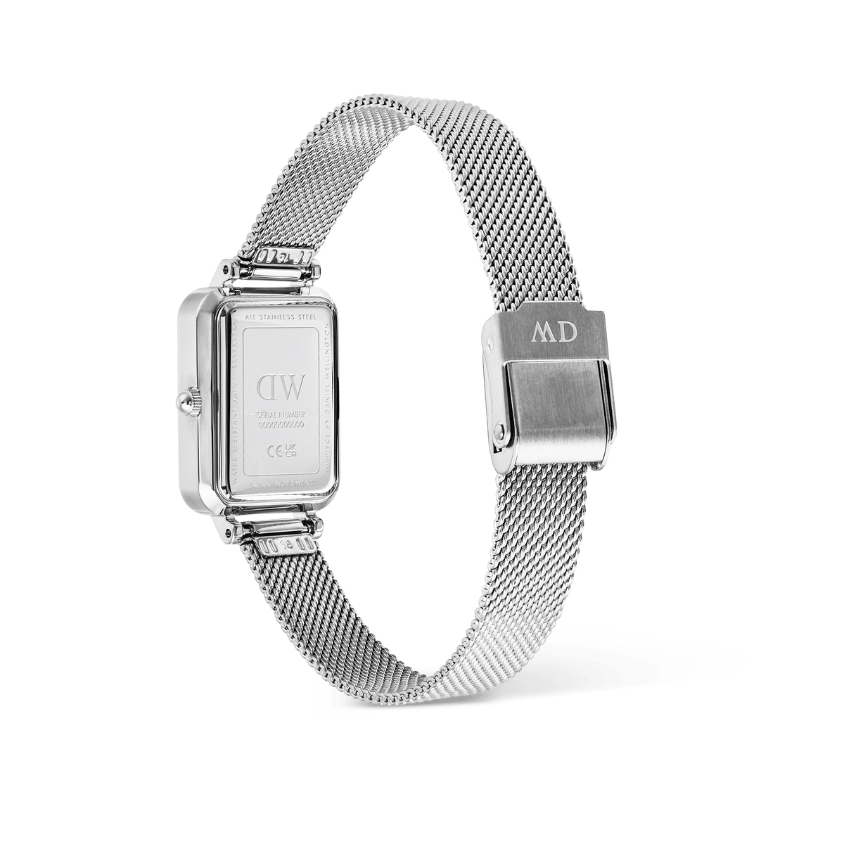 Rear view of the Quadro Sterling Roman Numerals Date ladies watch, showing the rectangular stainless steel case, engraved back, and adjustable silver mesh strap with a fold-over clasp.