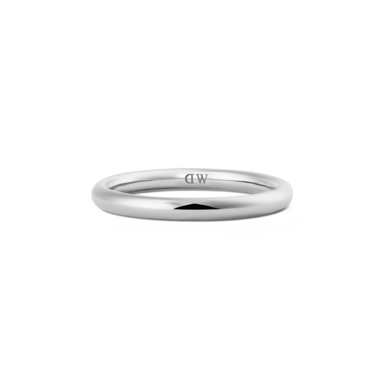 A slim, polished silver ring with a minimalist curved band and discreet inner logo, crafted from stainless steel and designed for versatile, everyday wear.