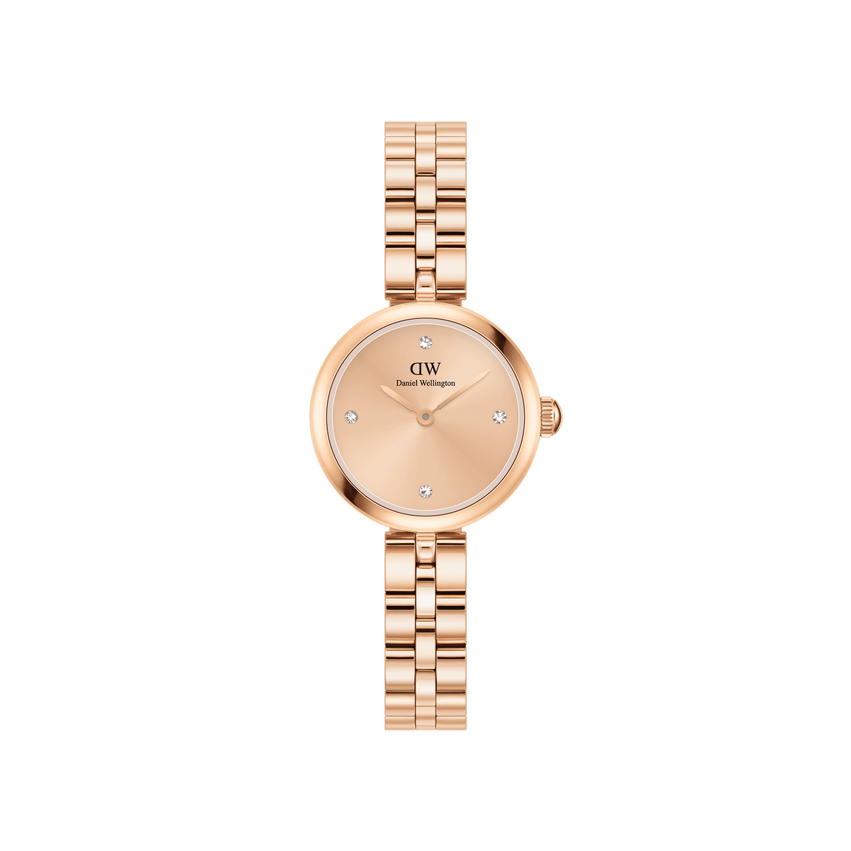 Elan Lumine Unitone Rose Gold ladies watch with a petite round case, crystal-dotted dial, and slim rose gold three-link bracelet, featuring a minimalist design ideal for everyday wear.