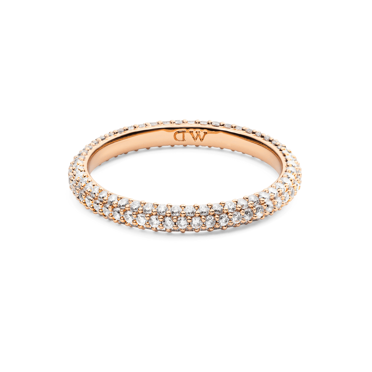 Elegant Pavé Ring Rose Gold 3 mm featuring a slim rose gold band set with three rows of sparkling white cubic zirconia crystals, perfect for stacking or wearing alone.