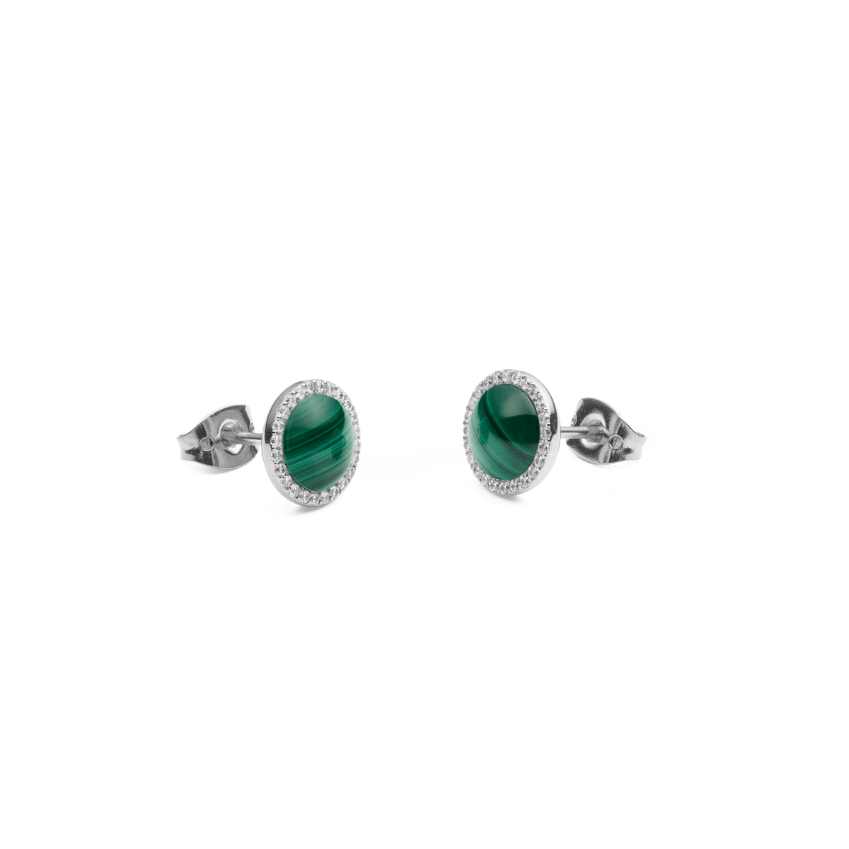 Audrey Earrings Malachite Silver shown with butterfly clasps, featuring round green malachite stones surrounded by a halo of white cubic zirconia set in polished silver, highlighting their secure and elegant stud design.