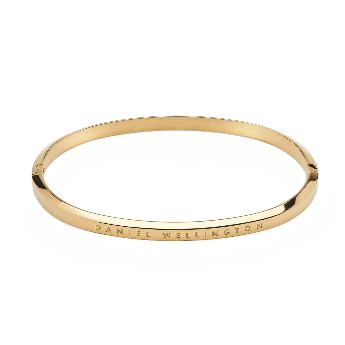 Classic Bangle Gold is shown with a polished gold finish and minimalist silhouette, featuring Daniel Wellington branding engraved on the outer edge and a discreet hinge for secure fastening.