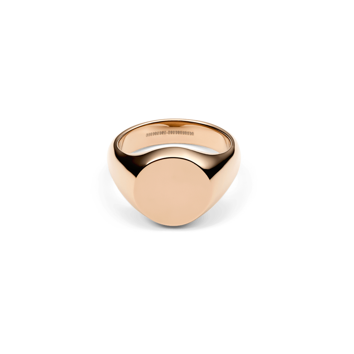 Polished rose gold signet ring with a broad, smooth face and minimalist design, crafted from stainless steel with a comfortable inner band.