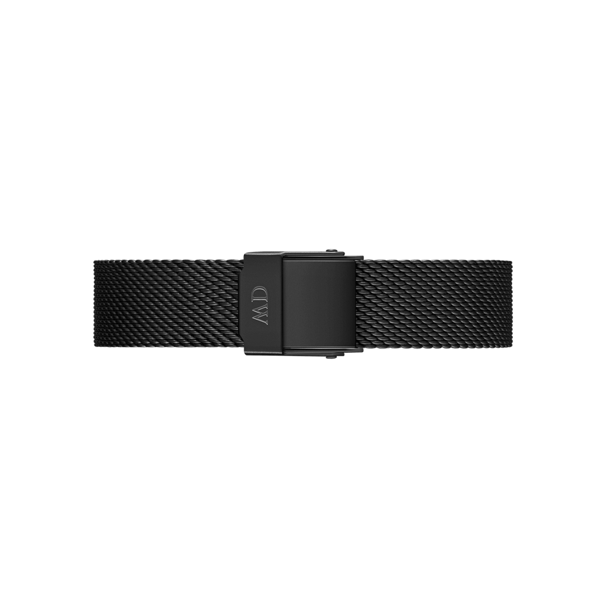 Matte black mesh watch strap with a fine woven texture and a fold-over clasp, designed for Daniel Wellington watches and suitable for both casual and formal wear.
