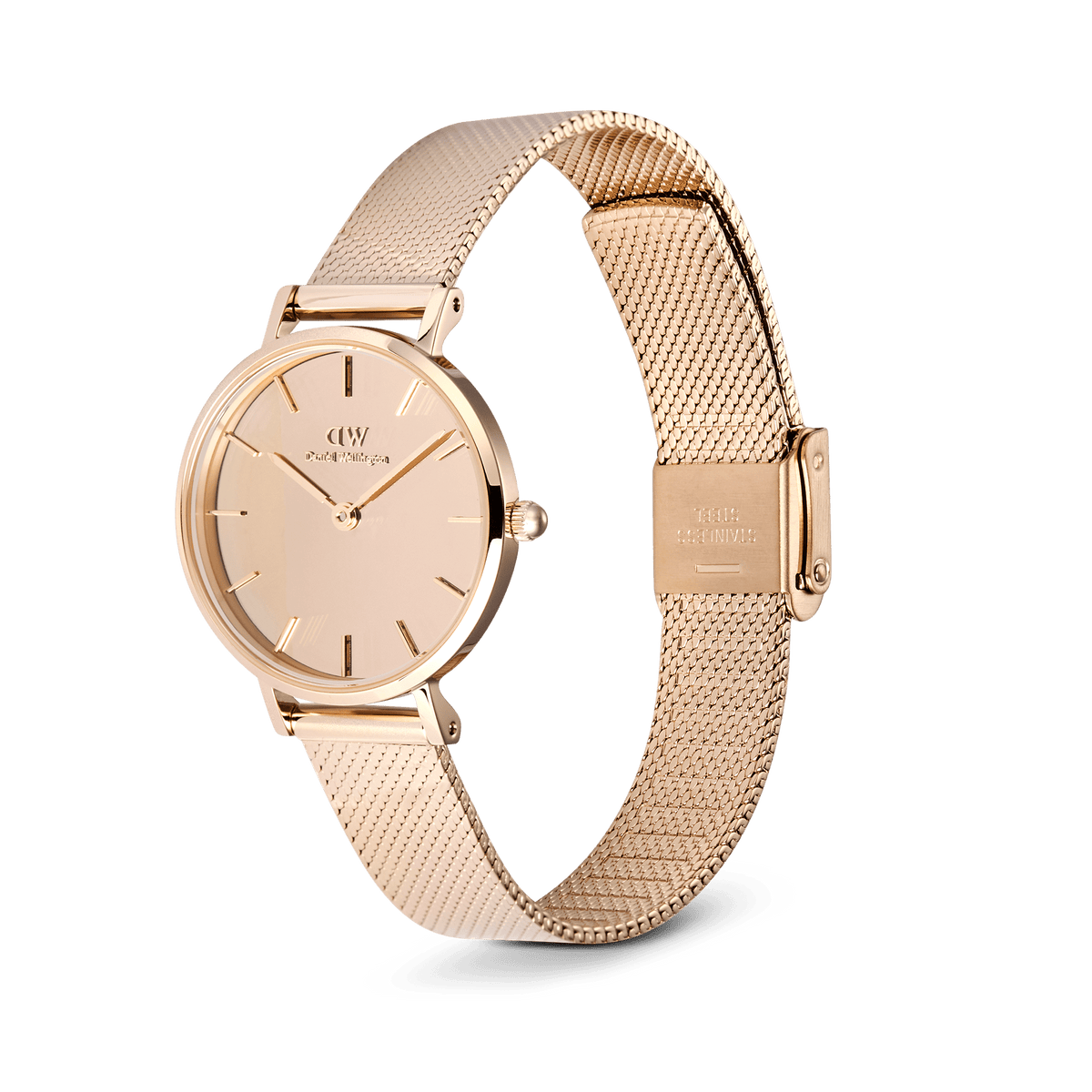 Daniel Wellington Petite Reflection Rose Gold watch with a 28mm mirror-effect dial, minimalist hour markers, and a polished rose gold mesh strap featuring an adjustable clasp.
