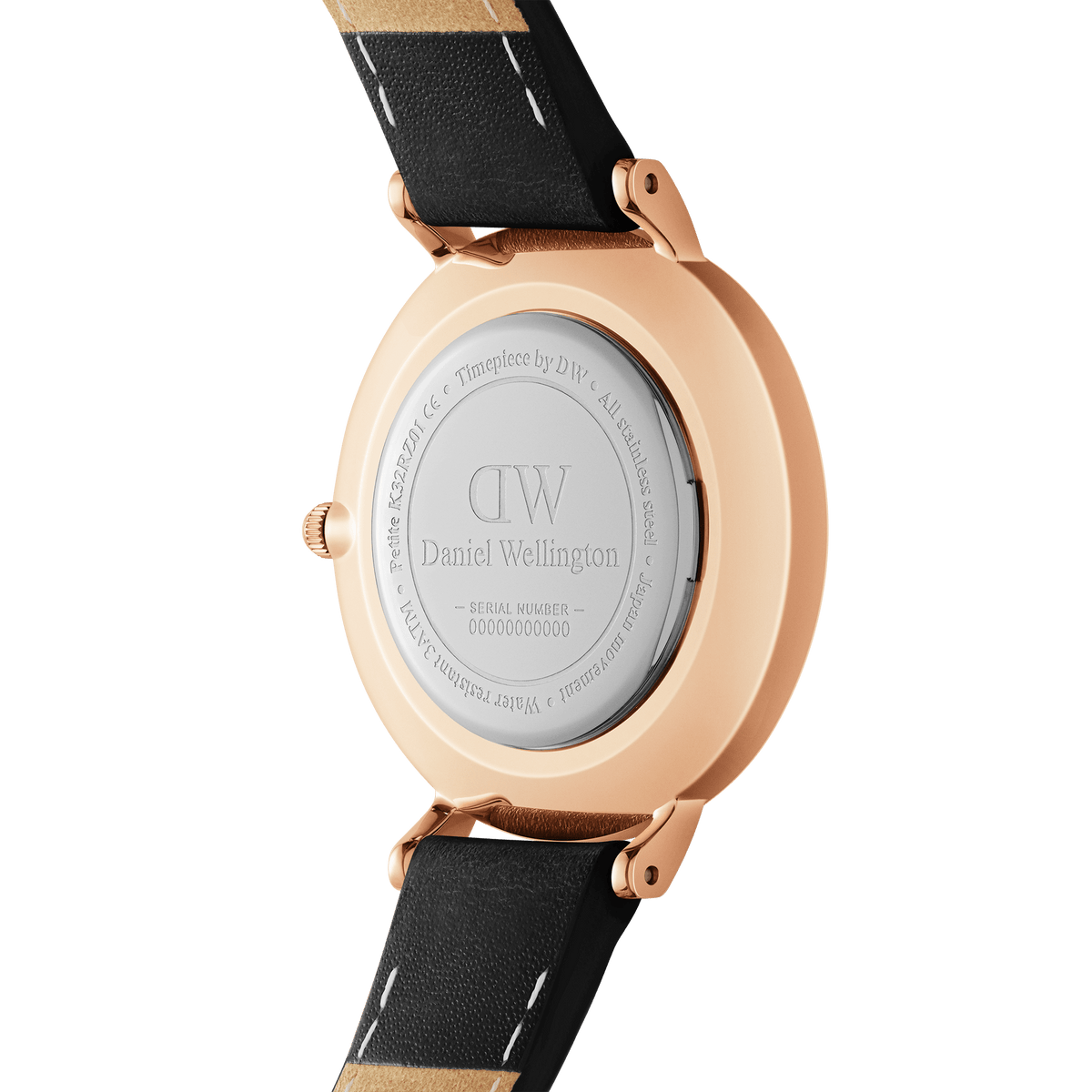 Back view of the Petite Roman Numerals Sheffield Rose Gold watch, showing the engraved stainless steel case, rose gold finish, and black genuine leather strap.