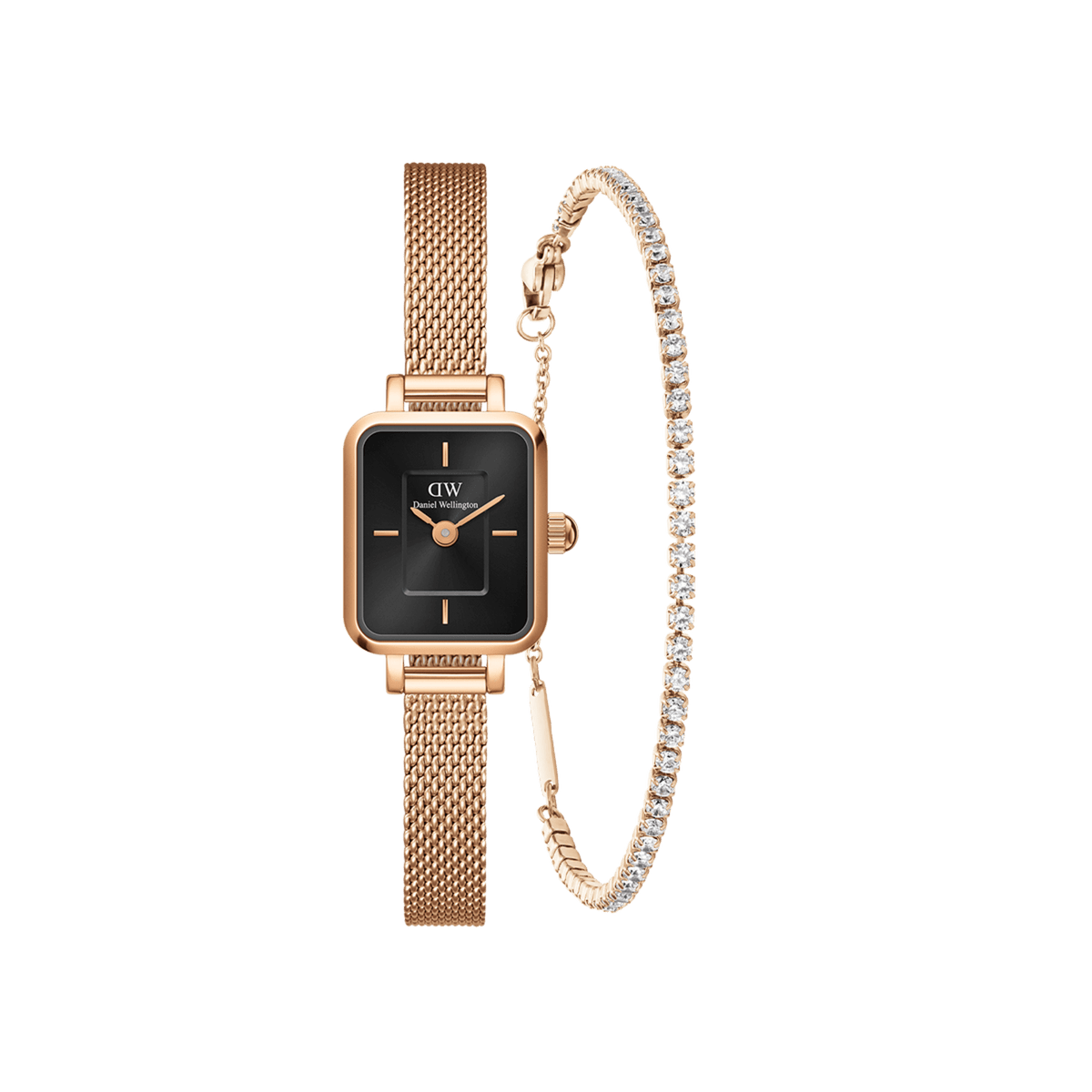 Rose gold Quadro Mini Melrose Onyx watch with a rectangular black dial and mesh strap, paired with a Classic Tennis Bracelet featuring a row of clear stones for a refined, contemporary jewellery set.