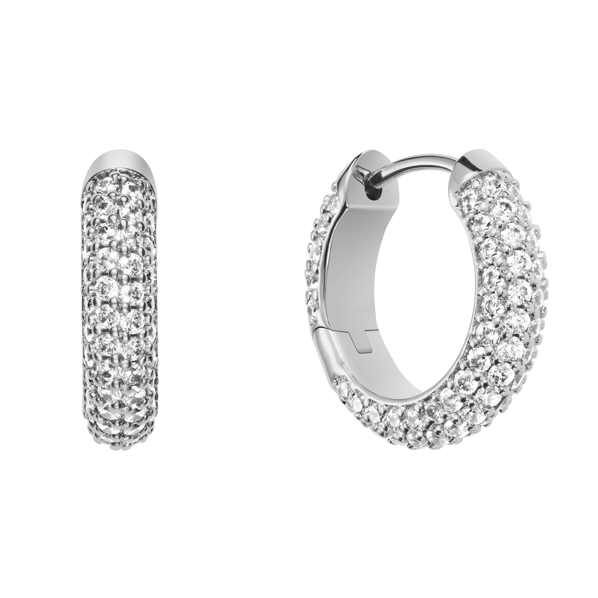 Pair of Pavé Crystal Earrings Silver featuring petite hoop design, rhodium plated brass and closely set cubic zirconia crystals for a sparkling, modern finish.