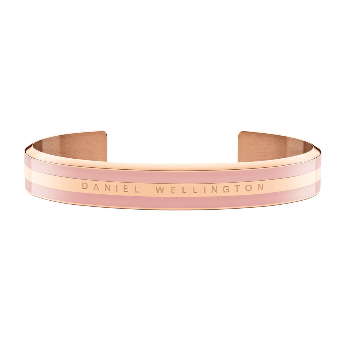 Emalie Bracelet Dusty Rose Rose Gold features a sleek open cuff design with soft pink enamel and rose gold double-plated stainless steel, displaying the Daniel Wellington logo across the front.