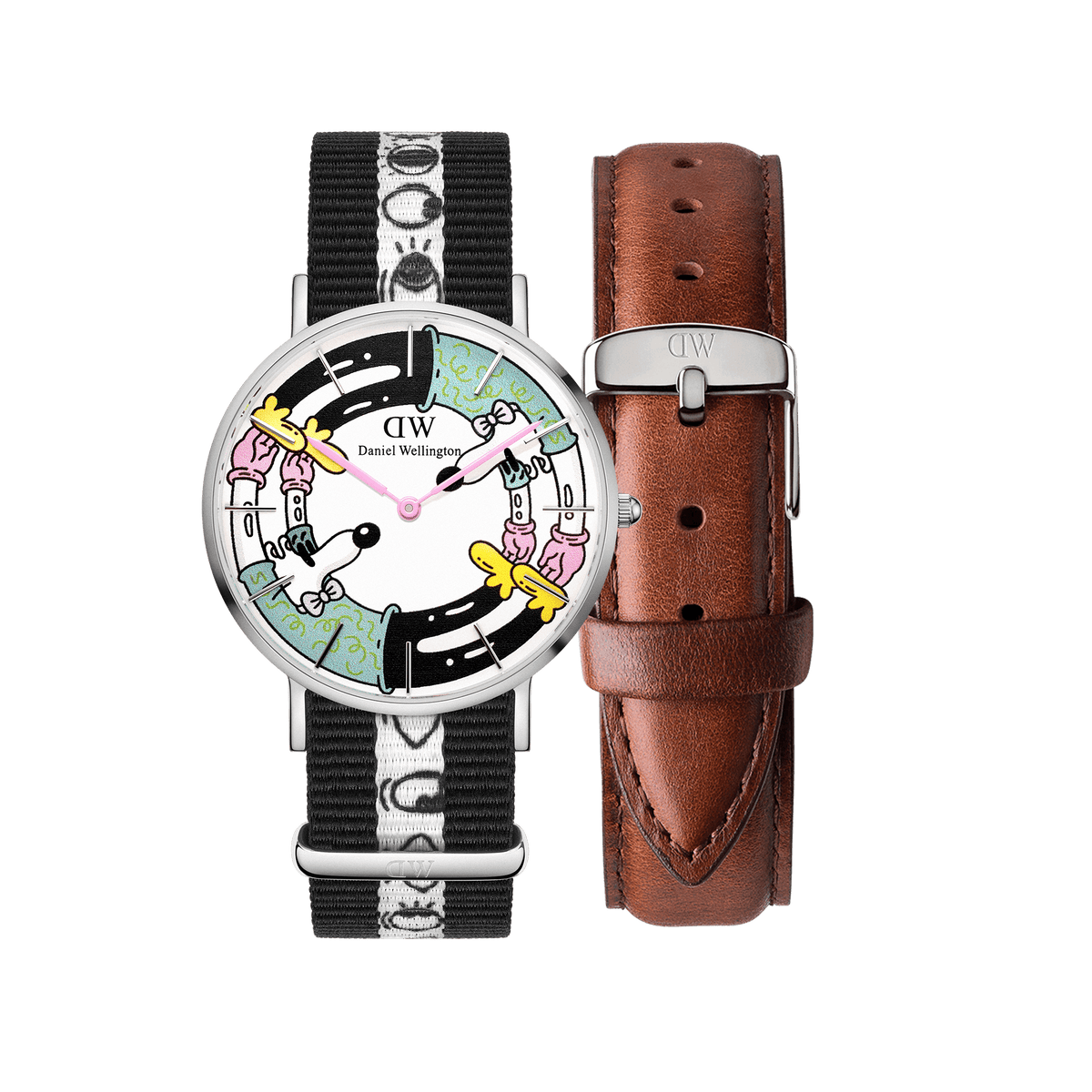 Limited edition Steven Harrington x Daniel Wellington watch set featuring a multicolour printed dial with playful illustrations, a black and white NATO strap, and an additional brown St Mawes leather strap.