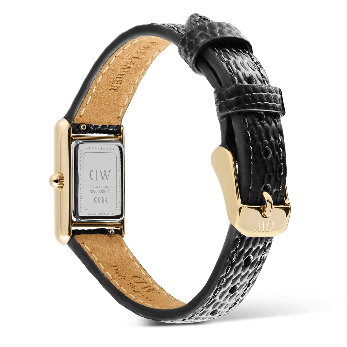 Rear view of the Bound Mini Black Lizard Gold watch showing the engraved stainless steel case back, genuine leather black lizard-texture strap, and gold pin buckle.