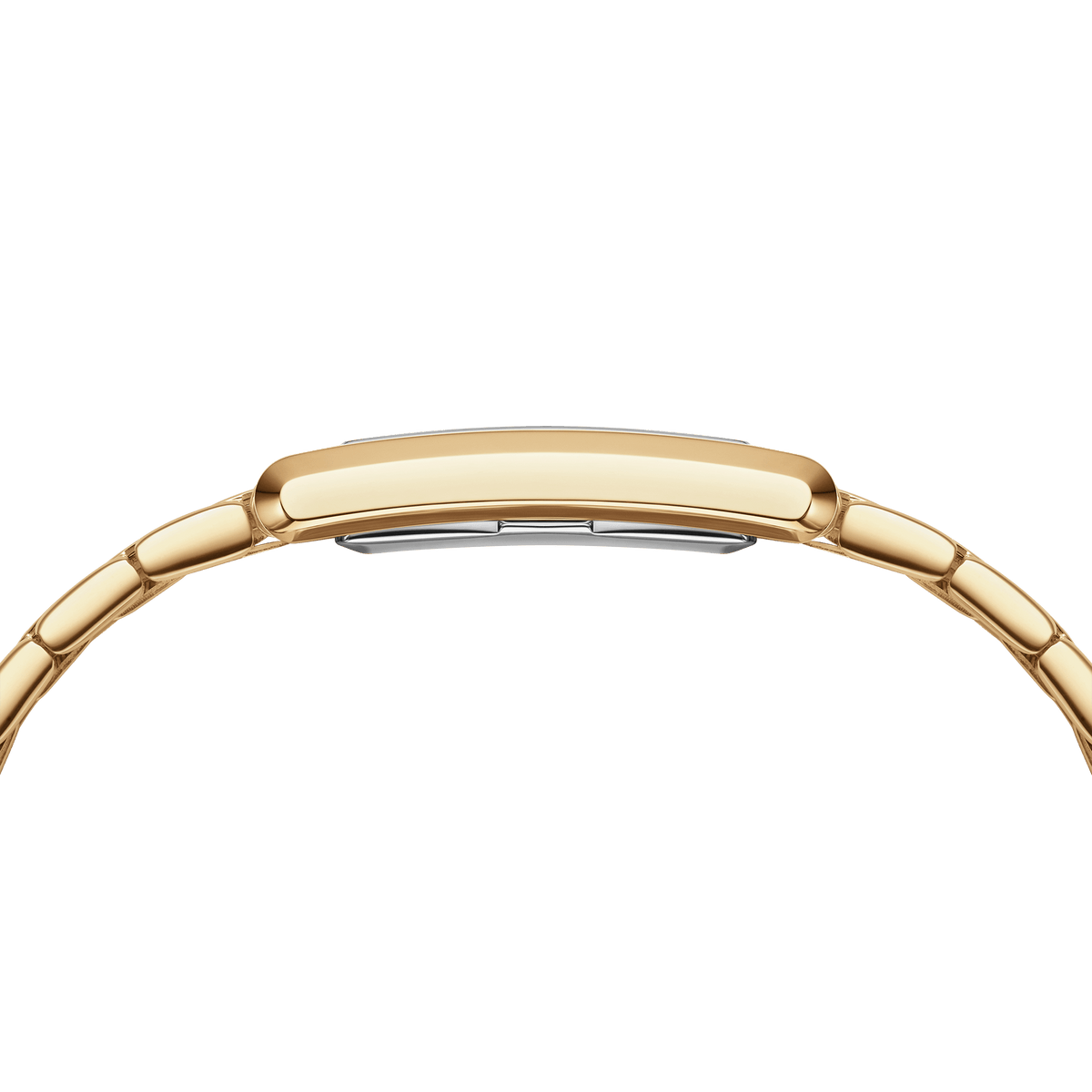 Side profile of the Bound 9-Link Gold watch highlighting the slim rectangular gold case and the seamless integration of the gold bracelet.