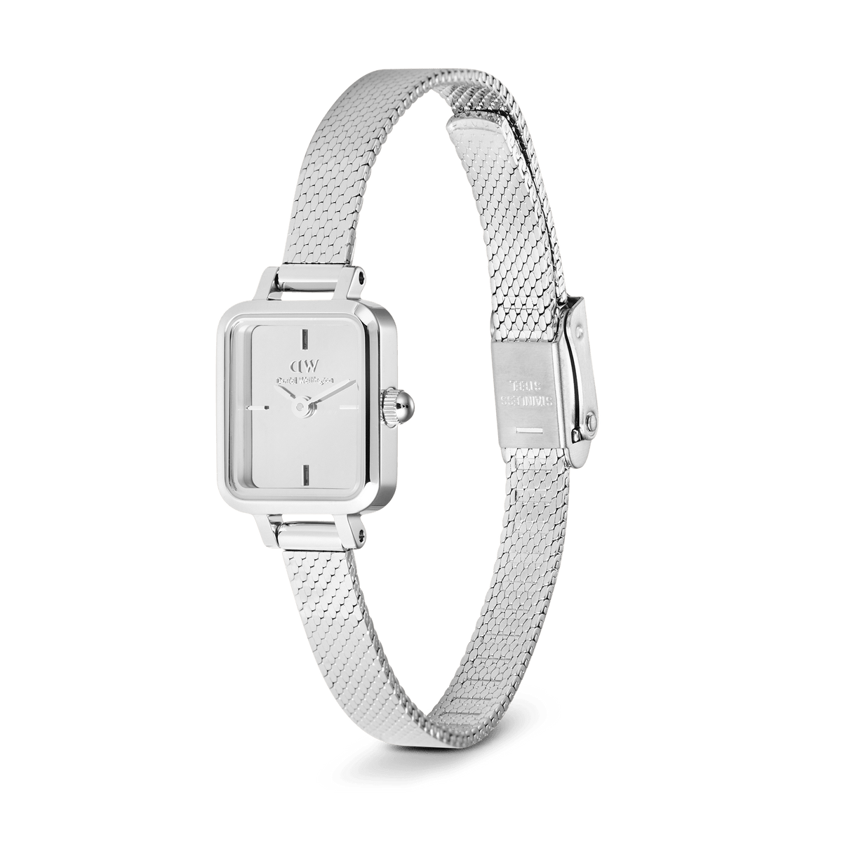 Quadro Mini Reflection Silver ladies watch with a slim rectangular case, minimalist silver dial, and an adjustable polished mesh strap, crafted from 316L stainless steel for a refined and modern finish.