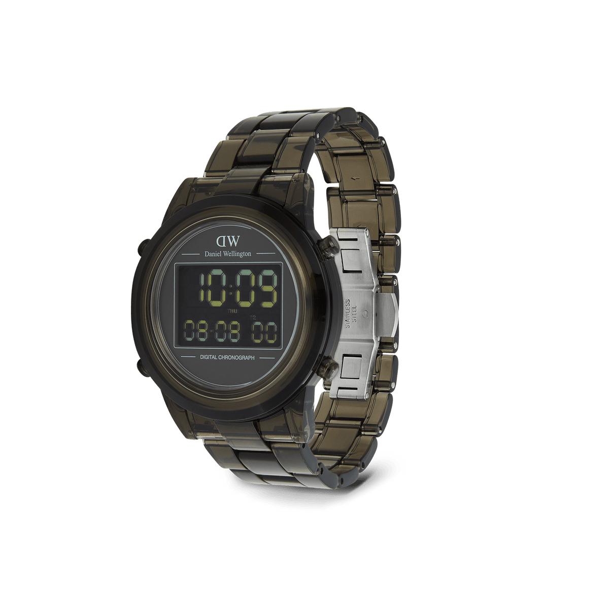 Daniel Wellington Retro Digital Dark Grey Dark Grey watch featuring a bold dark grey finish, square digital display, and a transparent bio-based plastic link strap with a secure butterfly clasp.