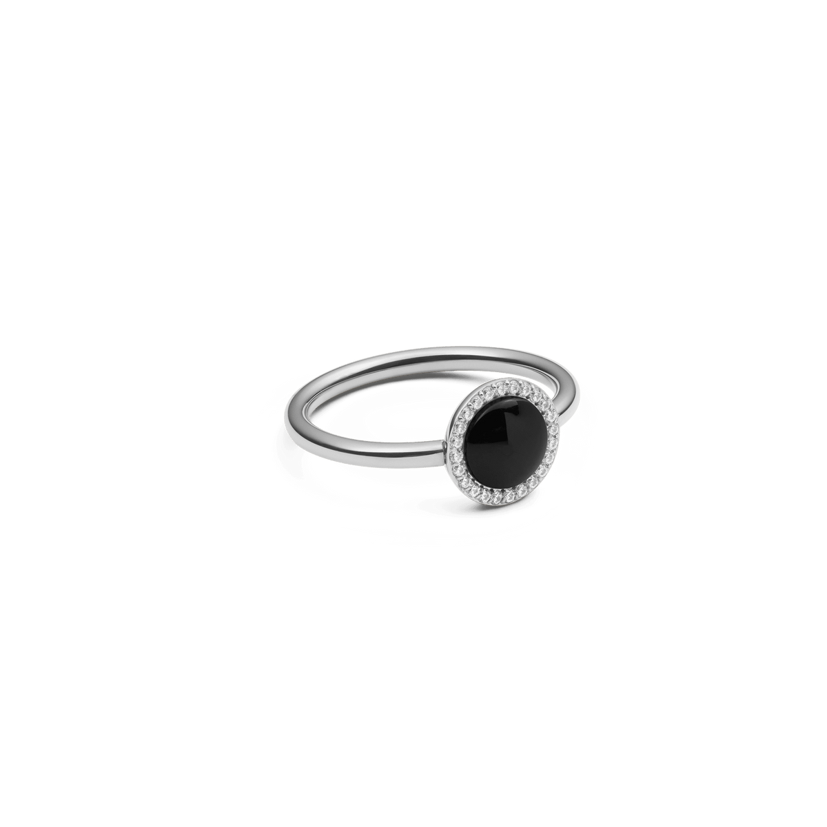 Elegant silver ring featuring a domed black agate centrepiece surrounded by a halo of white cubic zirconia, showcasing a modern and sophisticated design.