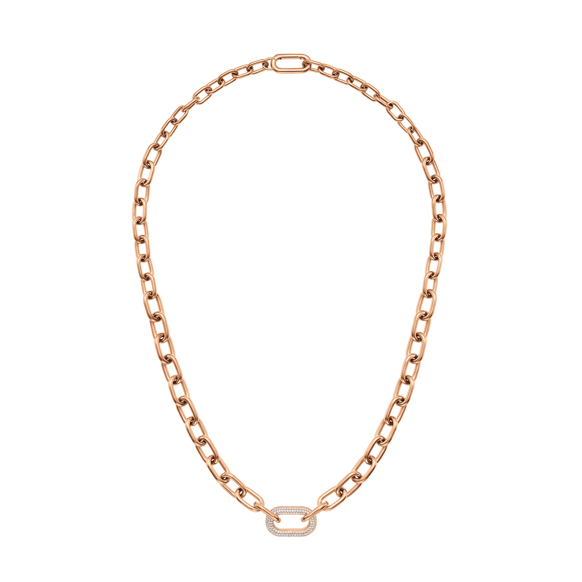 Rose gold chain necklace featuring bold links and a crystal-embellished centre link, designed for women who appreciate modern elegance and versatile styling.