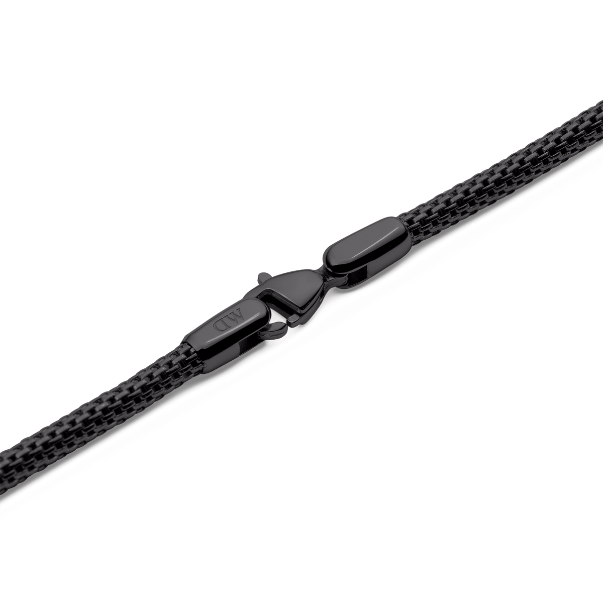 Close-up of the Tide Mesh Necklace Black 2.8 showing the polished black mesh chain and secure lobster clasp, highlighting the refined stainless steel construction and detailed finish.
