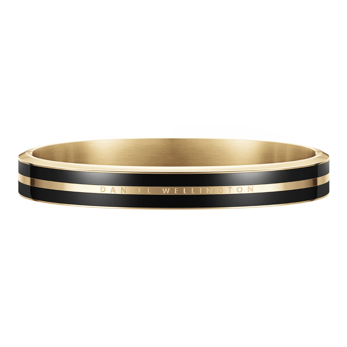 Emalie Infinite Gold Black bracelet featuring polished gold stainless steel and deep black enamel, with minimalist engraved branding and a seamless bangle silhouette.