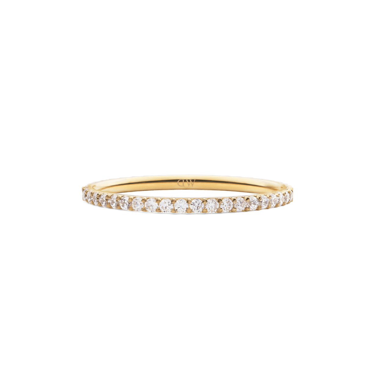 The Mirelle Eternity Ring Gold 1.4 mm features a slim gold band set with a continuous row of sparkling white cubic zirconia crystals, offering a refined and elegant look.