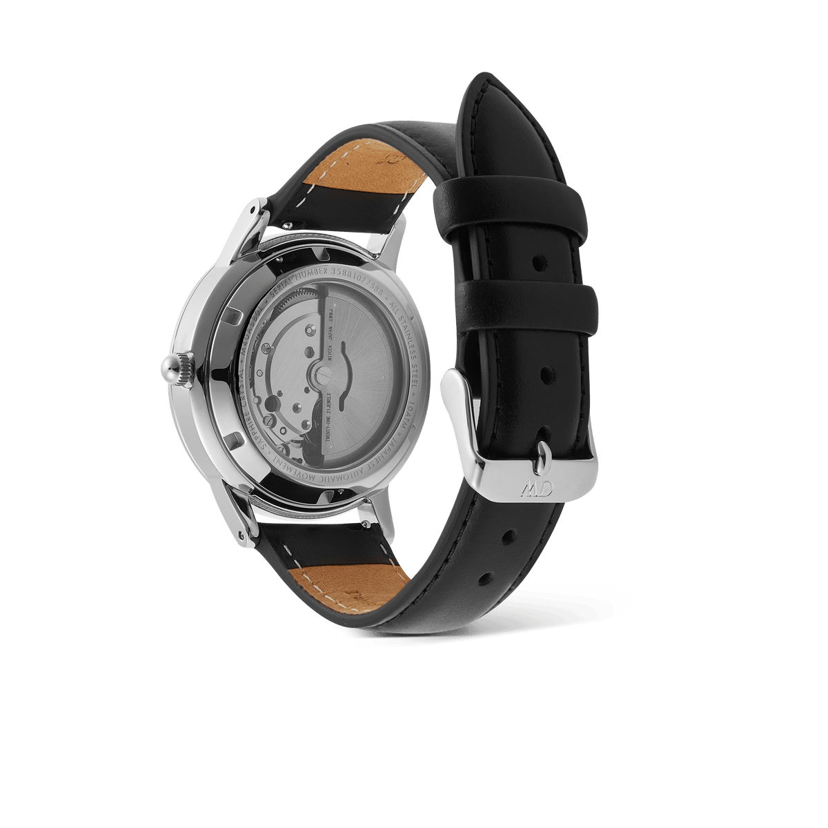 The back view of the Iconic Sheffield Automatic Silver men's watch, showing the exhibition case back with visible Japanese automatic movement and a genuine black Italian leather strap.