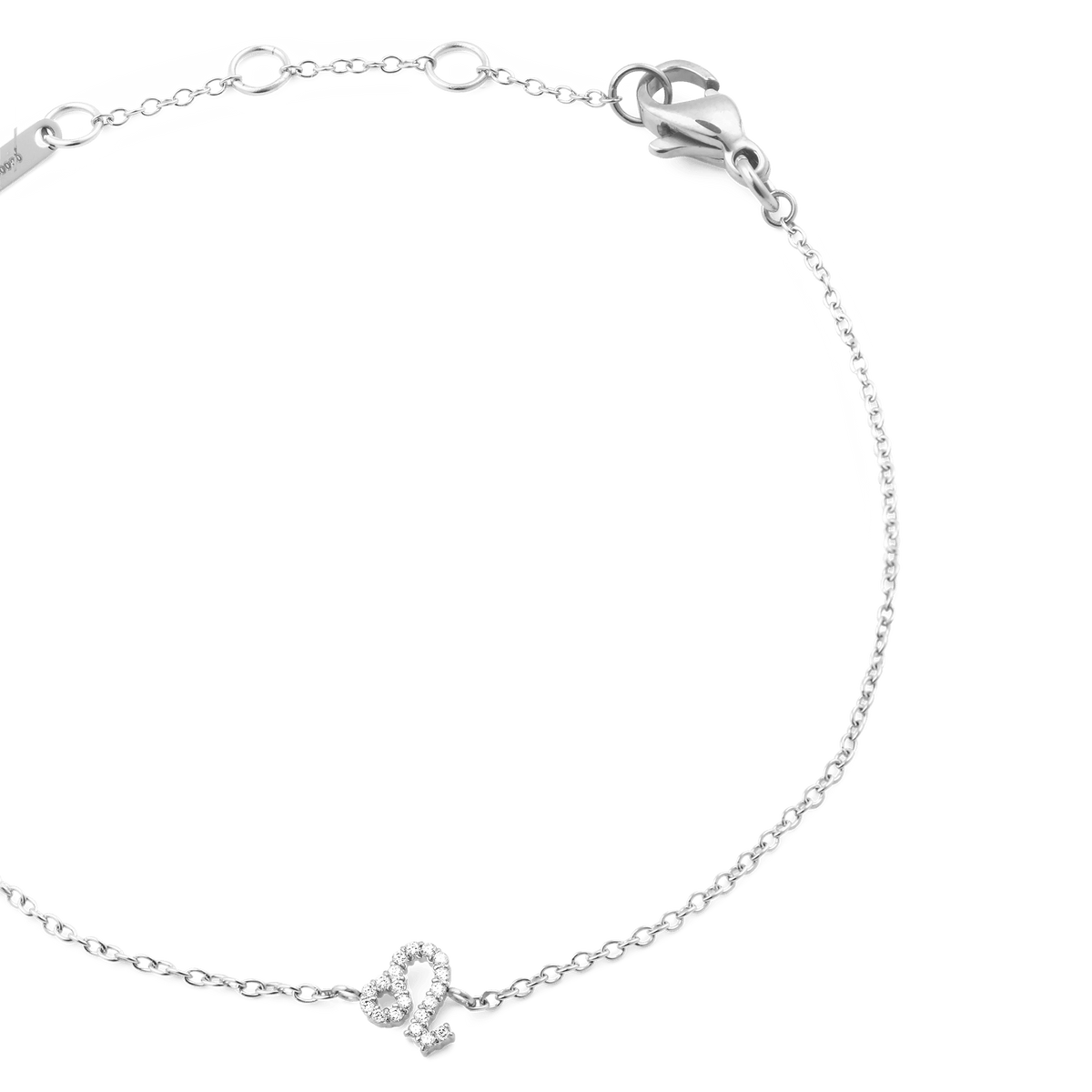 Close-up of the Crystal Zodiac Chain Bracelet Silver showing a delicate silver chain with adjustable sizing rings, a lobster clasp, and a Leo zodiac charm set with sparkling crystals.