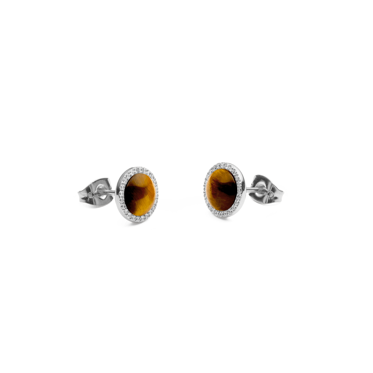 Audrey Earrings Tiger Eye Silver shown from a side angle, highlighting the domed tiger eye stones set in polished silver with a halo of white cubic zirconia and secure stud backs.